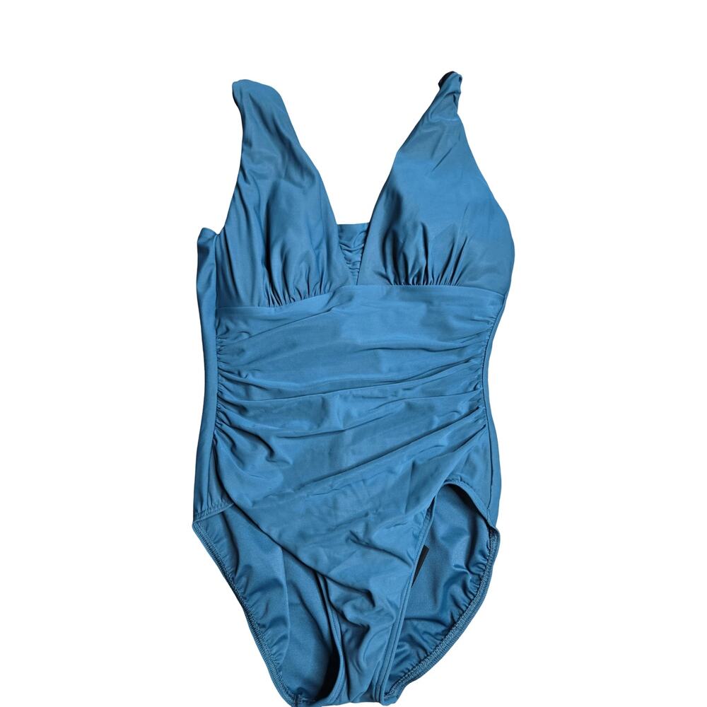 Lands' End Blue Ruched One-Piece Swimsuit Size: 10